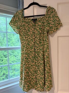 New Look Green and Cream Floral Square-Neck Mini Dress